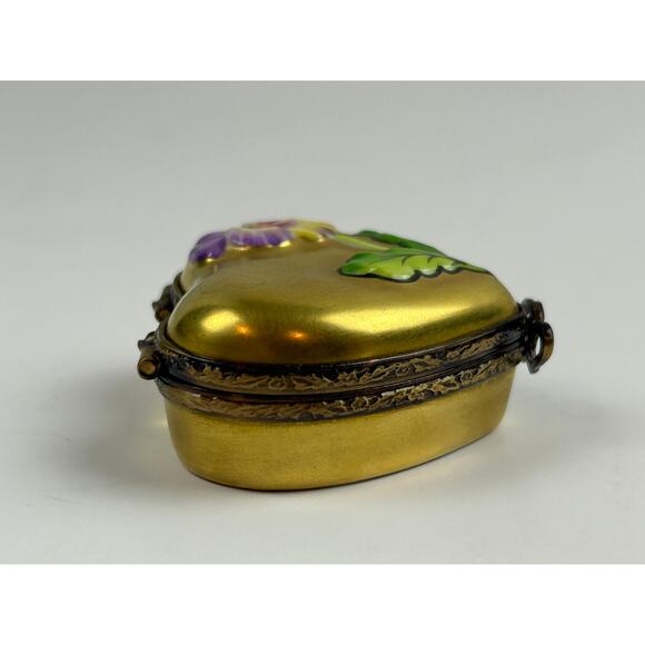 Rochard Limoges France Heart Trinket Box Hand Painted Pansy Gold Porcelain - Picture 5 of 12